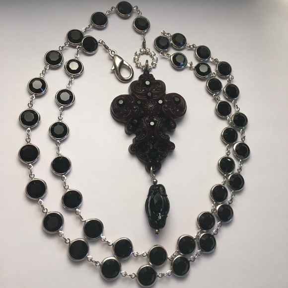 Guelton Dye and Tarina Tarantino Jewelry - Black Crystal Silver Chain Necklace with Tarina Tarantino Pendant
